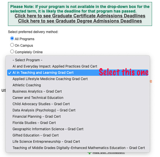 Screenshot showing the AI in Teaching and Learning Grad Cert selection